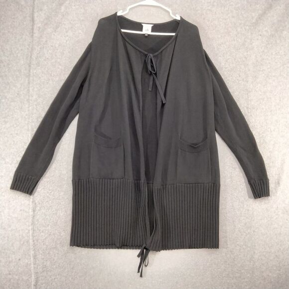 cabi Cardigan Sweater Womens Size L Black Long Open Front Tie Collar Pockets - Picture 1 of 13